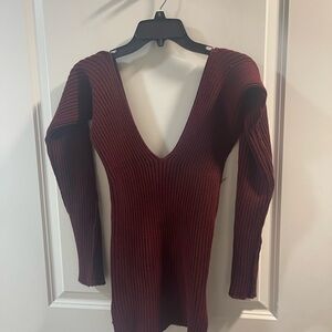Floirds Market Deep V-Neck Ribbed Knit Sweater Dress - Burgundy